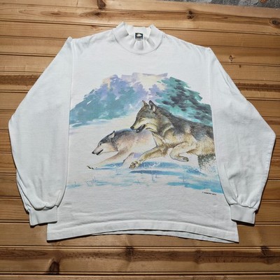 Vintage 1994 Running Wolves Double Sided Mock Neck Long Sleeve Shirt USA Medium