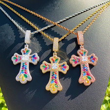 5AAA CZ Hip Hop Iced Out Cross Multicolor Pendant Necklace 14k Real Gold Plated