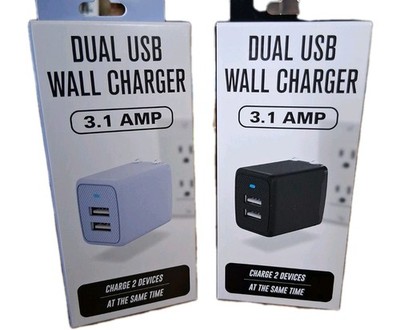 USB Wall Charger Adapter 2Pack 3.1 2.4 amp Dual Port Quick Charge 1 Black 1 Blue