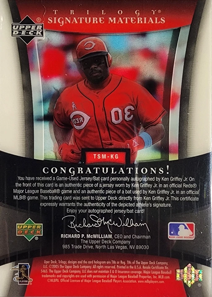 2005 UD Trilogy Griffey Jr 签名材料亲笔签名、蝙蝠、球衣 14/75 — 第 2/2 张图片