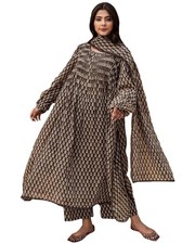 Women  s Kashmiri Faren Abaya Black Hand-Block Anarkali Kurta Set