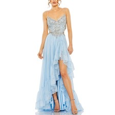 Mac Duggal 2212 Blue Evening Gown Backless Beaded Chiffon High Low Dress Size 10