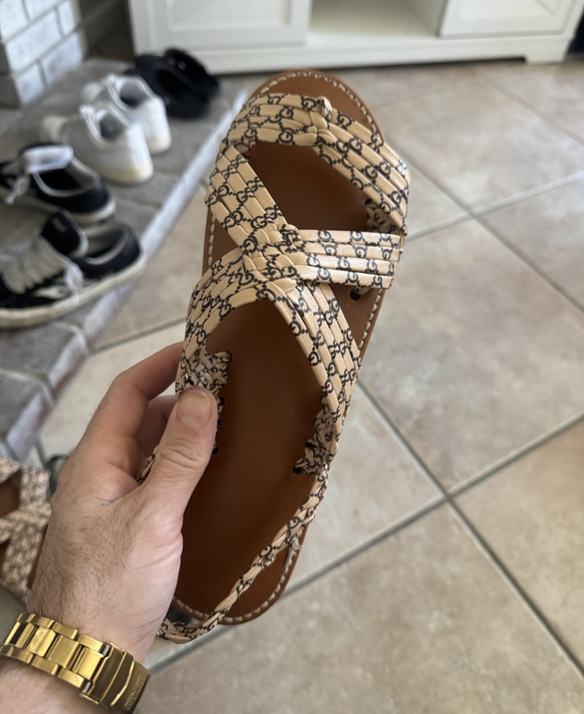 Beige Logo Print Strappy Slip-On Slide Sandals Synthetic US 10
