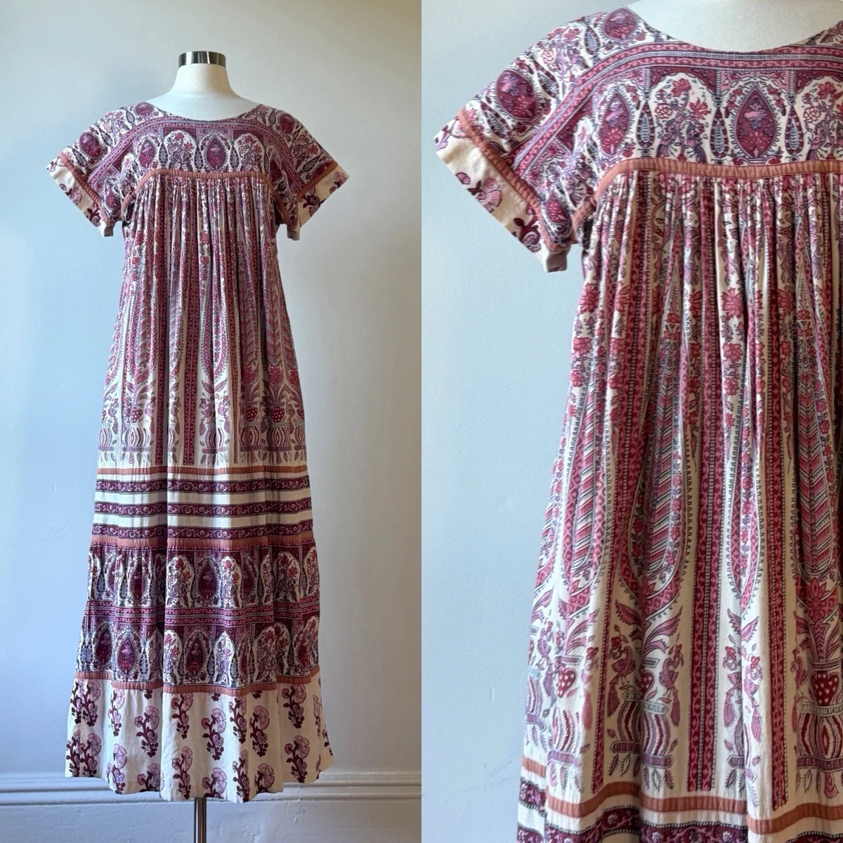 indian cotton boho dresses for sale Ethnic/Peasant Vintage Tiered Women for Overlap Off Shoulder Print frozen Gown Finish:Teak