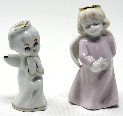Pair of Angels - Glazed Porcelain Young Girl Flowers 3'' & Admiring Girl 2 1/2''