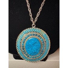 Vintage Faux Turquoise Statement Pendant Necklace Silver Tone Southwestern Boho