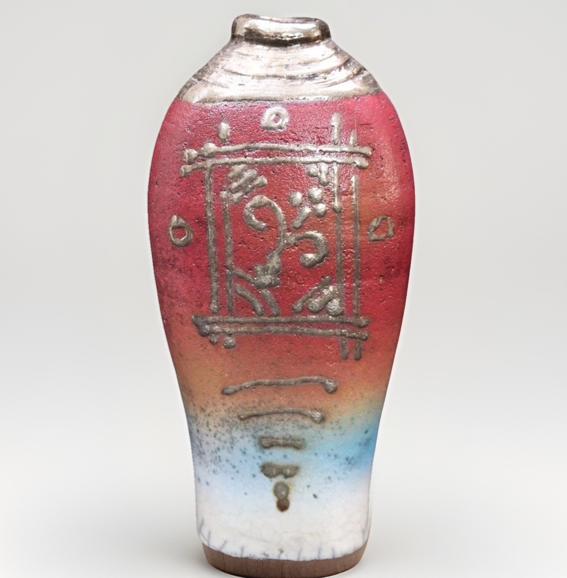 Signed Studio Raku Pottery Vase Red Blue Crackle Glaze Art Ceramic 8”