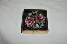 Vintage Germany Pill Box Roses Petit Point Black Never Used Label Divided