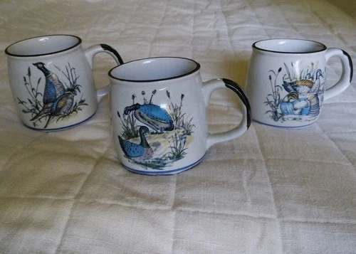 Otagiri Stoneware Mugs Set of 3, Birds/Fowl, Geese, Pheasants, Ducks, Vintage,EC