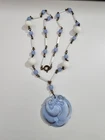Vintage Art Deco Brass Milk Glass Periwinkle 18" Necklace