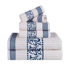 6-Piece Cotton Towel Set, Decorative Greek Pattern, Home Essentials, Absorben...