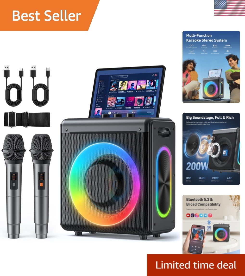 Karaoke Machine with 2 Wireless Rechargeable Microphones: Portable Bluetooth ...