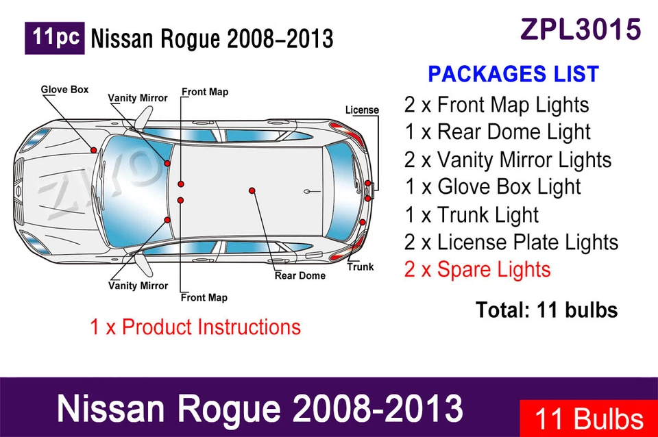 Kit de 11 bombillas LED interiores para Nissan Rogue 2008-2013 bombillas LED blancas Foto 2 de 4