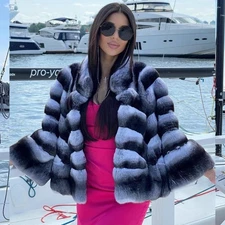 2025Winter Women Real Full Skin Chinchilla Coat Jacket Rex Rabbit Fur Overcoat