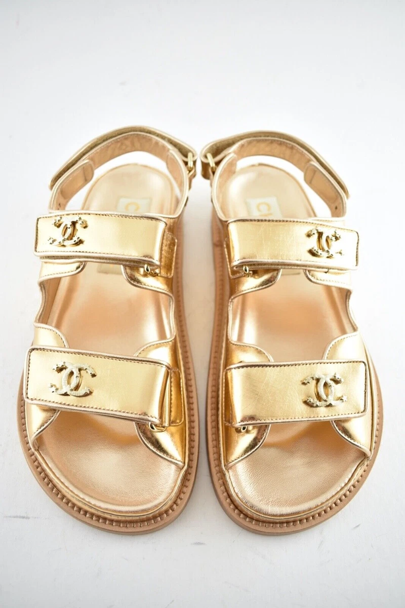 Chanel 22C Golden Gold Laminated CC Logo Mule Slide Strap Flat Dad