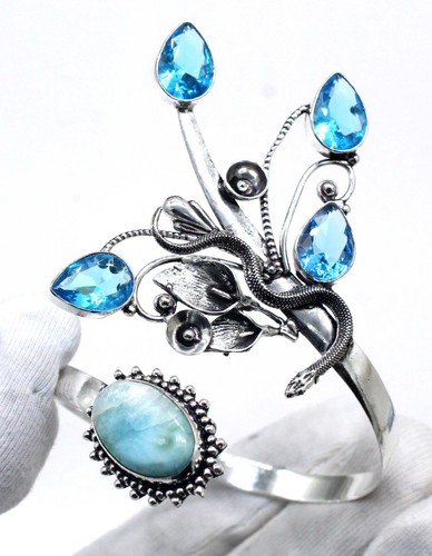 925 Sterling Silver Larimar & Topaz Gemstone Jewelry Cuff Bracelet Size-ADJ - Picture 2 of 7
