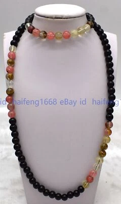 Natürlich 8mm Schwarz Achat &Wassermelone Turmalin Rund Perlen Halskette 60-90cm - Bild 1 von 4