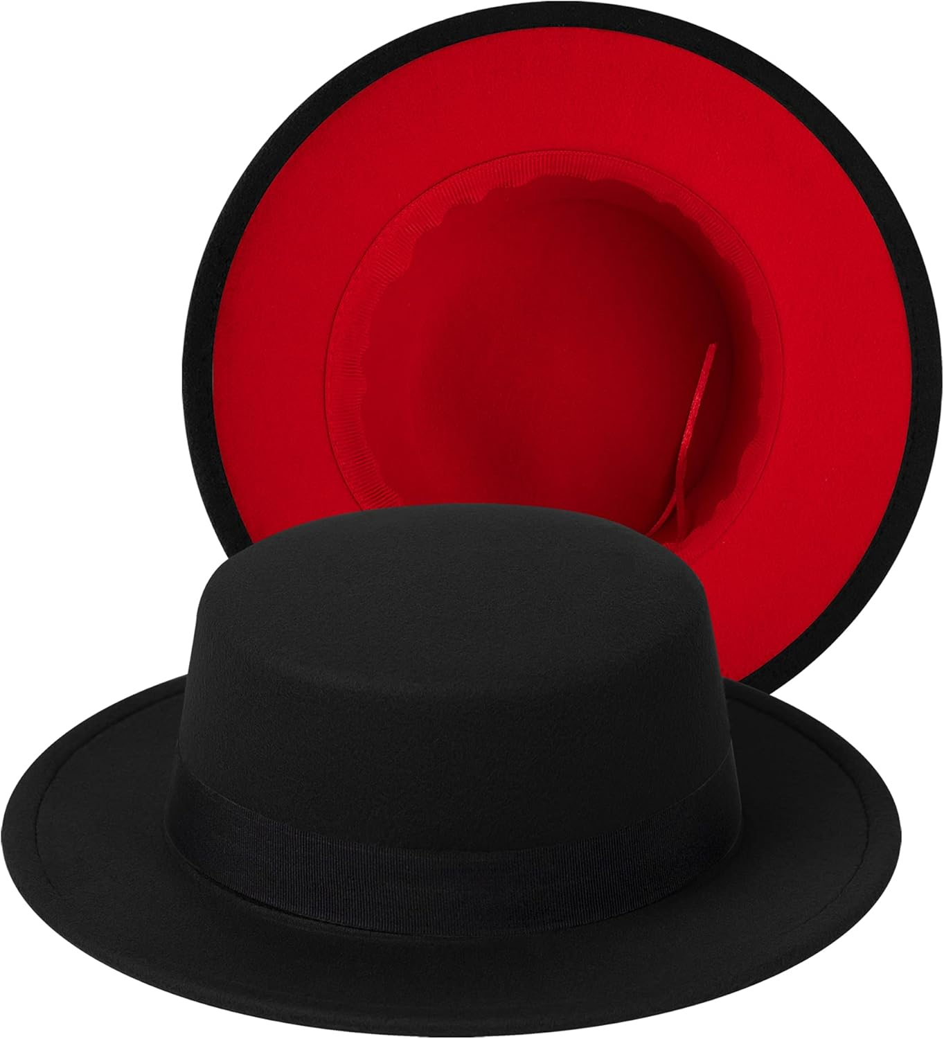 Classic Fedora Hat Two Tone Flat Top Hat with Band Wide Brim Pork Pie Hat Adjust-image