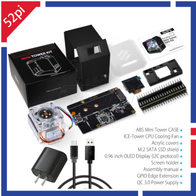 52Pi ABS Mini Tower With Fan & M.2 SATA SSD NAS Case Kit for Raspberry Pi 4