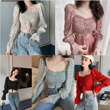 Blusa Chiffon Crop Off Shoulder Da Donna Floral Puff Sleeve Retrò