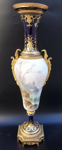 PAIR French 19th Century Sevres Porcelain & Bronze Trumpet Vase by E. GRISARD - Picture 5 of 12