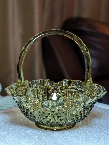 Vintage 8" Fenton Colonial Green Hobnail Basket with Bamboo Style Handle
