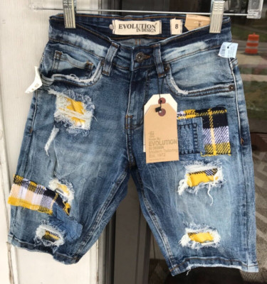 Boys Evolution By Design 8 Bermuda Blue Denim Shorts Distressed Patched NWT G2