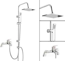 Shower Kit Twin Head Chrome Square Fixed Head Riser Rail With Bath Mixer Tap Set