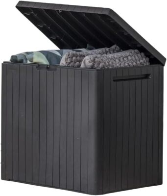Keter City 30 Gallon Resin Outdoor Storage Box and Patio Storage Box Side Table 