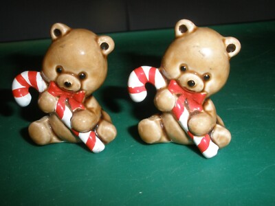 Vintage 1985 NCC 1.75'' Lot of 2 Ceramic Bears Holding Candy Canes (N31)