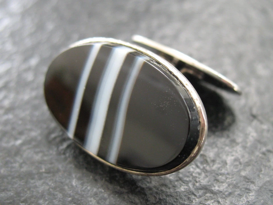 Manschettenknöpfe Silber 925 Schweden Hochfeine Handarbeit mit Streifenachat - Bild 3 von 4