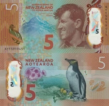 New Zealand 5 Dollars (2015) - Penguin/Edmund Hillary/p191, B137a UNC