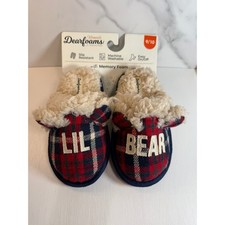 Dearfoams Kids Lil Bear Plaid Fuzzy Slippers Size 9 10 Red Blue Memory Foam NWT