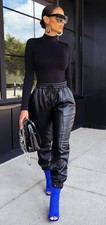 Black Vegan Faux Leather Jogger Pants Woman's NWOT