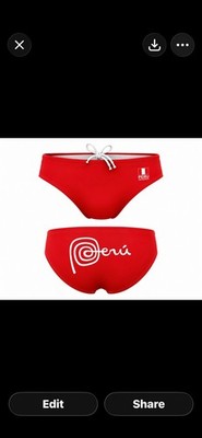 Men's XL Red/White Swim Suit Brief Peru Print Drawstring Water Polo Suit Size 34