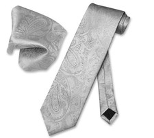 Vesuvio Napoli Silver Grey PAISLEY NeckTie Handkerchief Matching Neck Tie Set