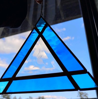 Vintage Stained Glass Leaded Blue Triangular Panel Sun Bird Catcher Art Decor 
