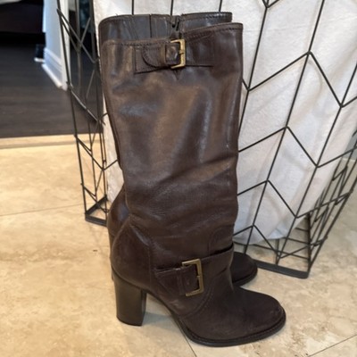B. P. Boots Knee High Brown Leather Round Toe Buckle Strap Block Heel 7.5M
