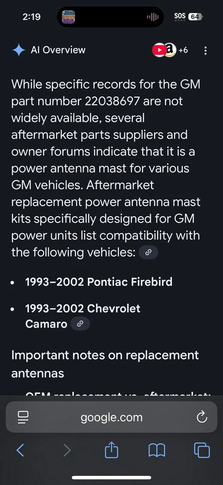 Antena de alimentación usada funcionando OEM GM 22038697 compatible con Firebird Chevy Camaro 1993-02 Foto 2 de 4