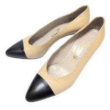 Chanel Pumps Coco Mark Leather Beige Black Women's Size EU36.5/US6.5