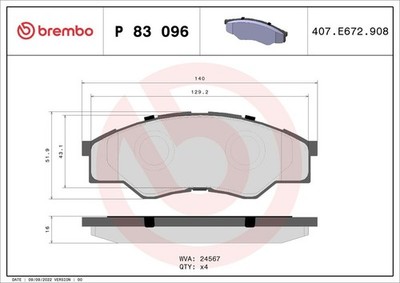 Brake Pad Set, Disc Brake BREMBO P83096 (1 Set - 4 Pieces)
