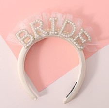 Pearl Veil Bride Headband, White Satin Hairband with 'BRIDE' Decorated by Pea...