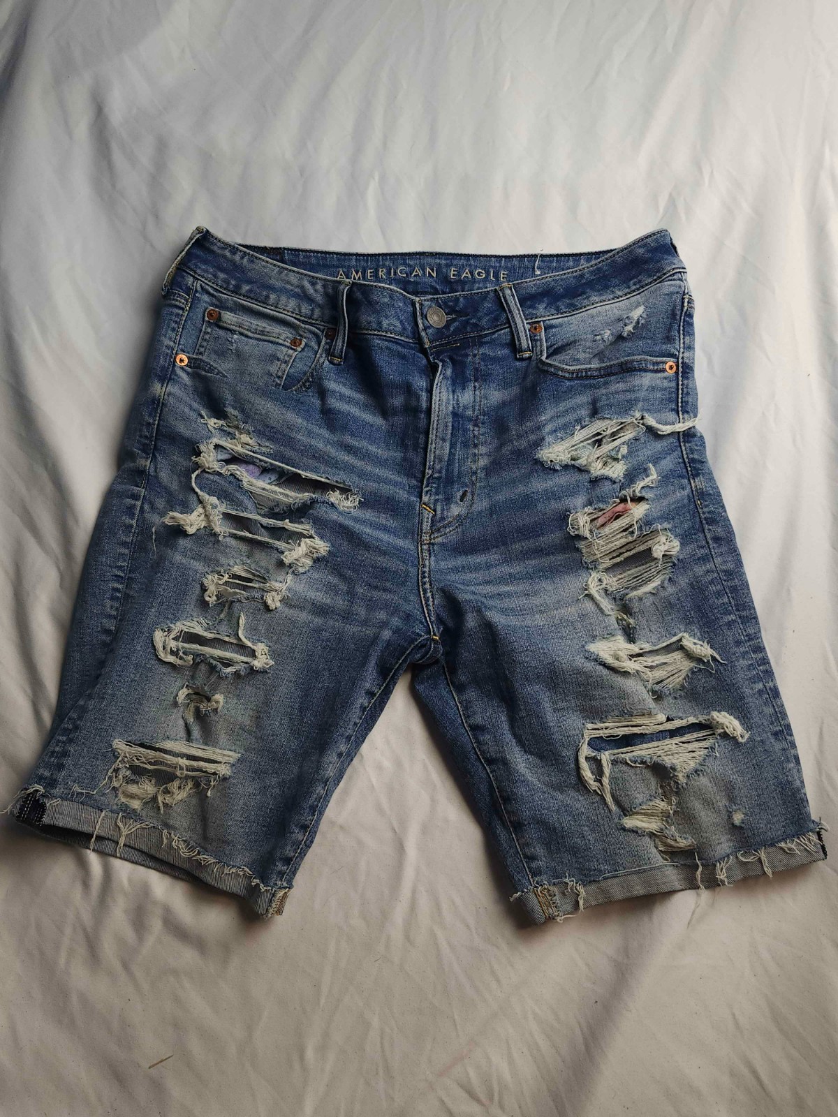 American Eagle Distressed Ripped Shorts Men Size 34 Blue Denim Streetwear Grunge