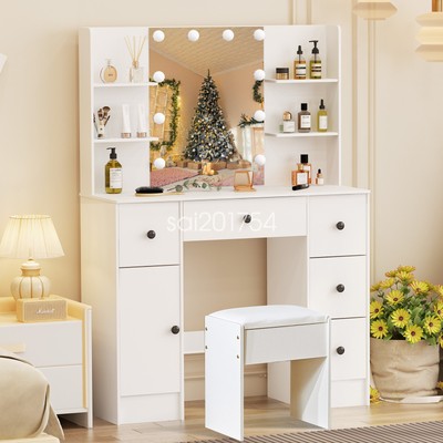 White Makeup Desk Dressing Table and Stool 5 Drawers Large w/ LED Lights Mirror