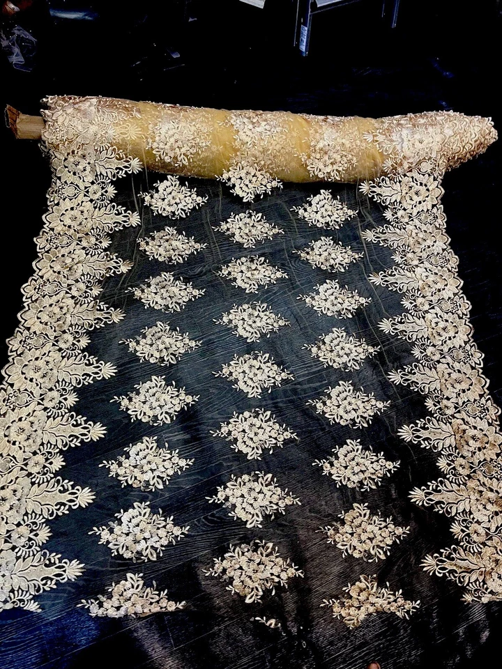 1.5 Meters Gold   Embroided  Double Boarded Scalloped Bridal lace Fabric 55” new - Image 3 of 4
