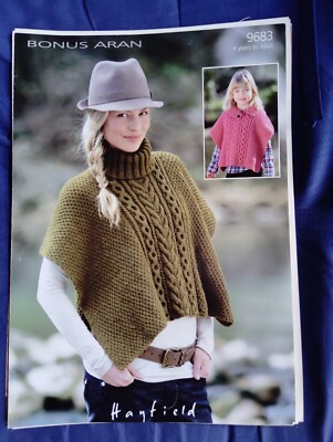 Hayfield 9683 Aran Ponchos Knitting Pattern years To Adult