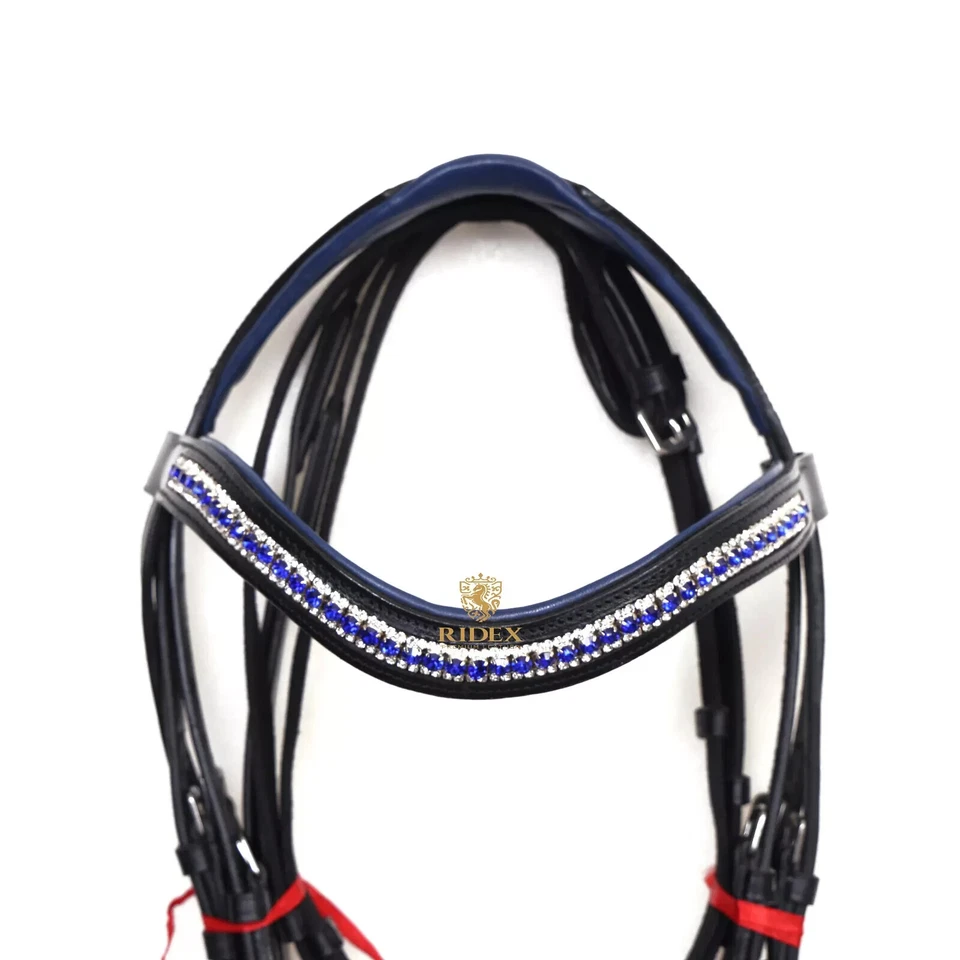 Freio de couro de adestramento com corrente de cristal azul de 3 fileiras e enchimento azul - Imagem 4 de 4