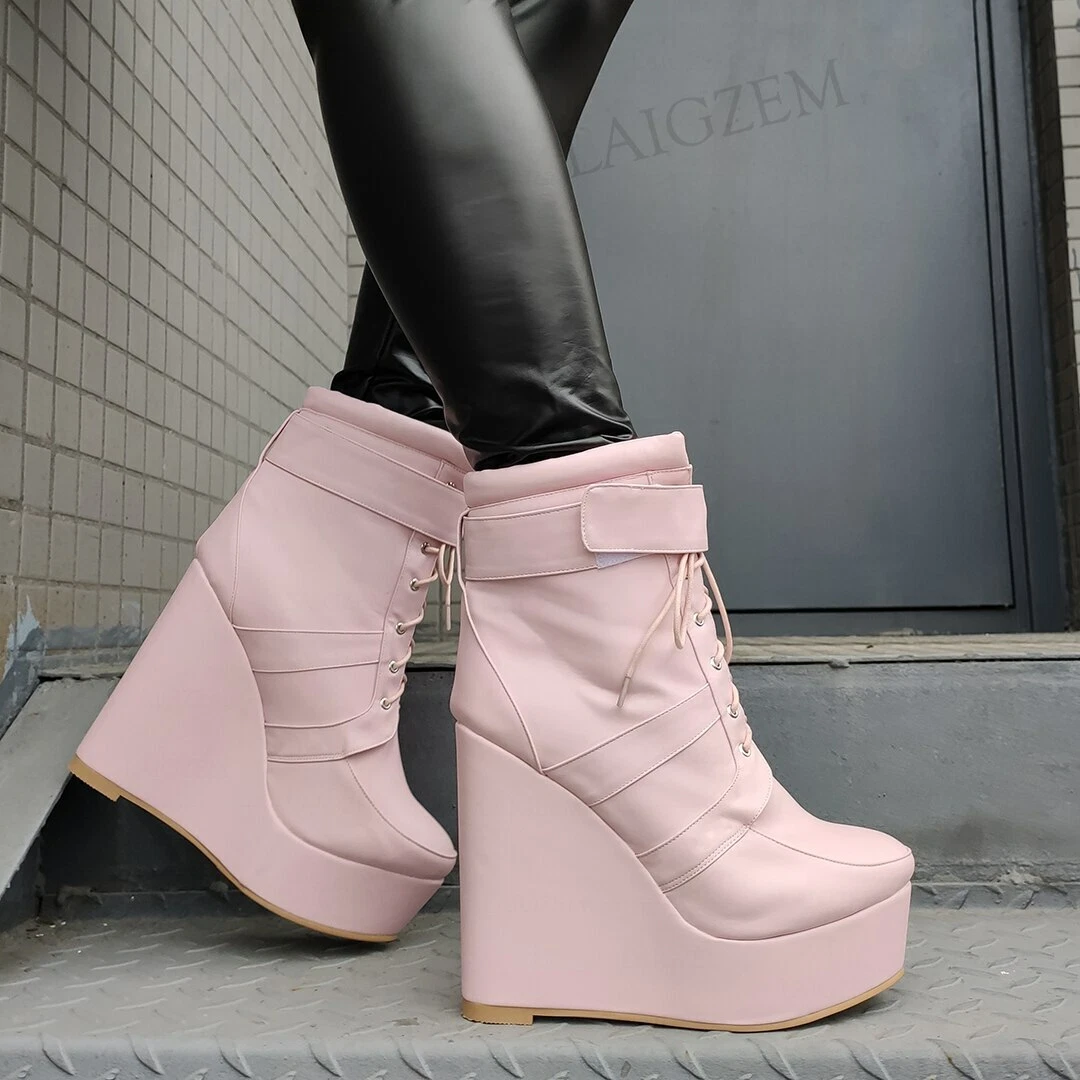 Women Platform Wedges Boots Lace Up High Heels Boots Comfortable Height  Increase