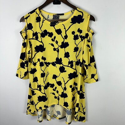 Clara Sun Woo Top M Yellow Navy Cold Shoulder Floral Bold Print Artsy Boho