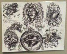 Tattoo Flash Single Sheet Print 11  X 14  Rose Name on Heart Portrait Inphamus